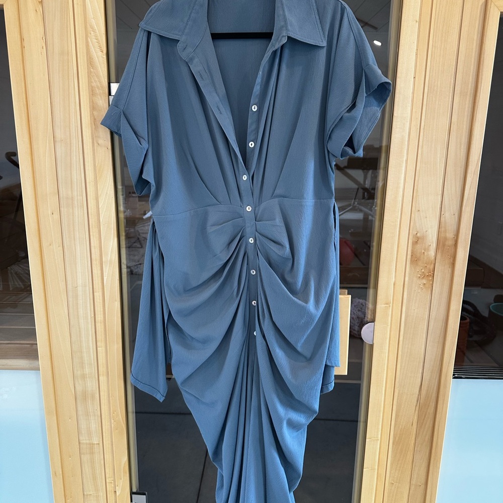 Bohme Blue Ruched Midi Dress with Notched Collar